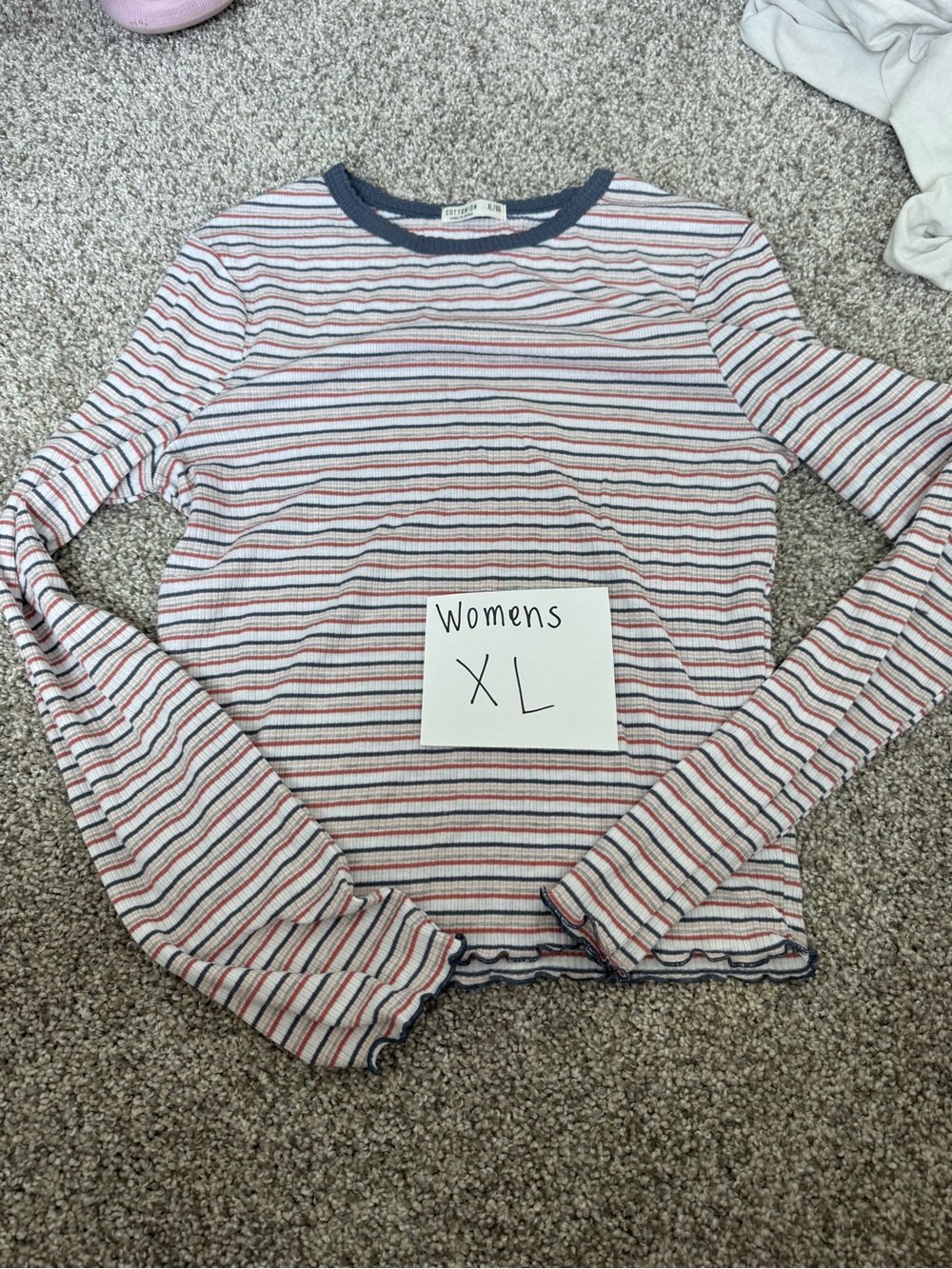 Cotton On Ribbed Striped Long-Sleeve Crewneck Top - White, Navy & Red